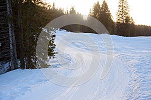 Winter sunset over a winding cross-country skiing piste