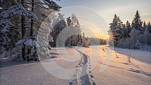 Winter Sunset Path Snow-Covered Forest, Footprints