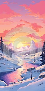 Winter Sunset: Pixelart Watercolor Background With Snowy Mountains And Rivers