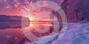 A winter sunset reflected on a snowy surface, with a bright pink and purple shades that create a magical evening moo