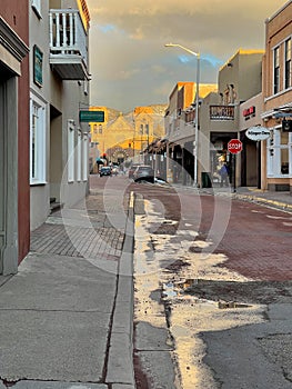 Winter sunset at the Historic Santa Fe Plaza, New Mexico