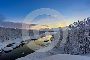 Winter Sunset on the Teriberka River in Russia`s Kola Peninsula