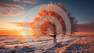 Winter sunset tranquil forest, snow covered landscape, frost on tree branches generated by AI