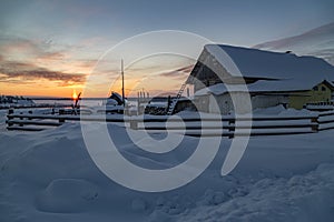 Winter sunset in the village