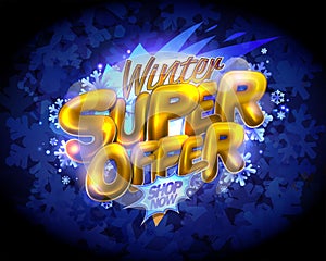 Winter super offer web banner vector template with glossy golden lettering