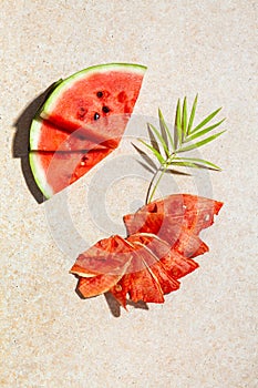 Winter supplies: slices of dried watermelon with fresh pieces on light background