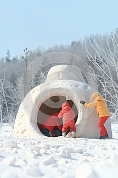 A winter survival course in snowy terrain, instructors demonstrating how to build an igloo and maintain body heat photo