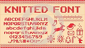 Winter sweater font. Knitted christmas sweaters letters, knit jumper xmas pattern and ugly sweater knits vector