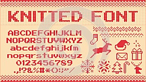 Winter sweater font. Knitted christmas sweaters letters, knit jumper xmas pattern and ugly sweater knits vector illustration set