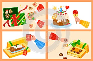 Winter sweet dessert, hot food, cozy cute gingerbread, hand holds lollipop, design, in style cartoon vector illustration