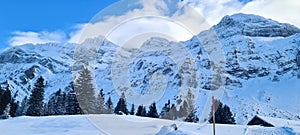 Winter in the swiss alps, Switzerland. Panoramic view. Snowy winter landscape in the mountains with fir trees and wooden fence.