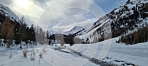 Winter in the swiss alps, Switzerland. Panoramic view. Snowy winter landscape in the mountains with fir trees and wooden fence.