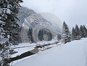 Winter in the swiss alps, Switzerland. Panoramic view. Snowy winter landscape in the mountains with fir trees and wooden fence.