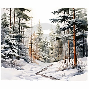 Winter Taiga Forest Watercolor Illustration