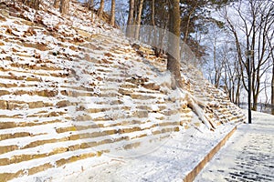 winter tale landmark urban picturesque park street cobble stone lantern and terraces hill, December morning beautiful time outdoor