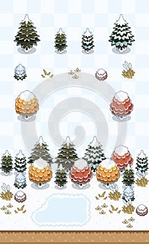 Winter Temperate Forest Plants Set Light Snow