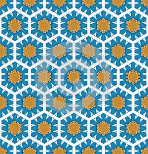 Winter textile pattern of blue hexagonal snowflakes