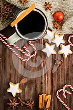 Winter theme. Hot steaming cup of glint wine with spices