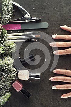 Winter theme nails design and manicure, instruments for manicure with needles