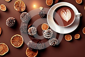 Winter themed background with cup of hot chocolate with heart drawn with milk foam inside.