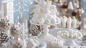 Winter-Themed Dessert Table With Marshmallows and Meringues