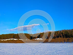 winter, three-dimensional panorama of the forest and the river