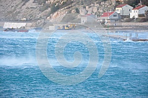 Winter time in Bakarac, Croatia with strong wind Bura. Bura on Adriatic Sea