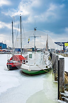 Winter time in the city port of Rostock, Germany