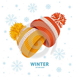 Winter Time Concept with Realistic Detailed 3d Knitted Hats with Pompons. Vector