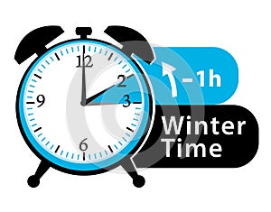 Winter time. Daylight saving time. Fall back alarm clock icon.