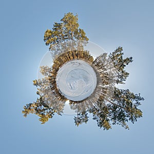 winter tiny planet in snow covered forest in blue sky. transformation of spherical panorama 360 degrees. Spherical abstract aerial