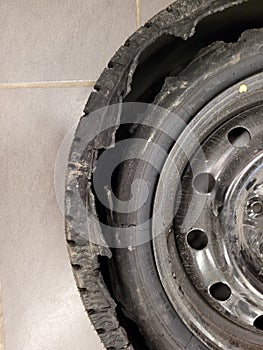 Winter tire blowout  wall is dangerous  damaged  and shredded