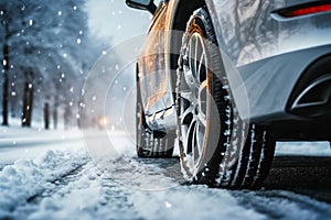 Winter tire. Car on snow road. Tires on snowy highway detail