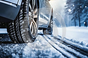 Winter tire. Car on snow road. Tires on snowy highway detail