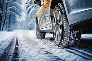 Winter tire. Car on snow road. Tires on snowy highway detail