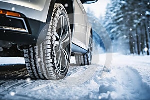 Winter tire. Car on snow road. Tires on snowy highway detail