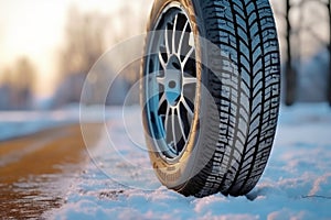 Winter tire covered in snow snowy road ice icy car wheel drive safety safe driving transportation condition change