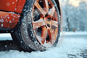 Winter tire covered in snow snowy road ice icy car wheel drive safety safe driving transportation condition change