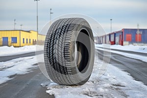 Winter tire covered in snow snowy road ice icy car wheel drive safety safe driving transportation condition change