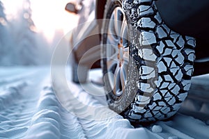 Winter tire grip close up of car tires on a snowy road