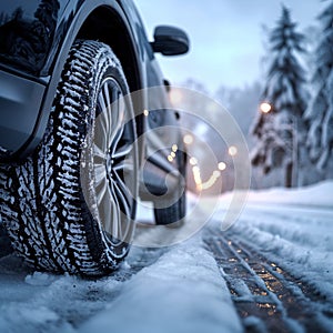 Winter tire grip close up of car tires on a snowy road