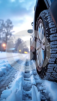 Winter tire grip close up of car tires on a snowy road