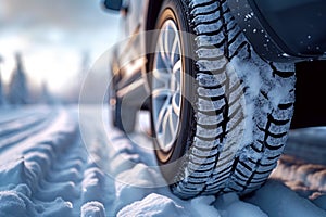 Winter tire grip close up of car tires on a snowy road