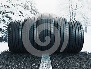 Winter tire in snow closeup, 3d rendering