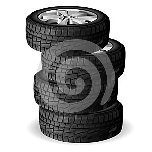 Winter tire stack. Tyre repair shop. Auto wheel