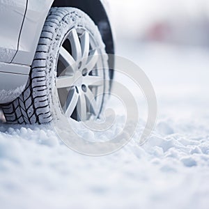 Winter tires on a car in the snow, AI