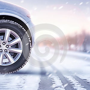 Winter tires on a car in the snow, AI