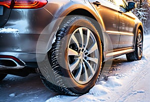 Winter tires on a car in snow. Generative AI