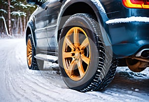 Winter tires on a car in snow. Generative AI