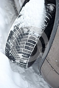 Winter tires on the car in winter time